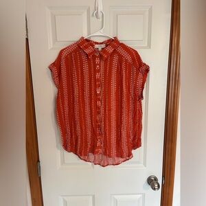 Suzanne Betro Orange & White Floral Button Down Cap Sleeve Shirt